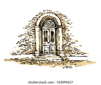 Freehand drawing of front door, old street. Sketch, vector illustration. 