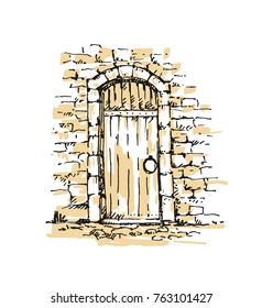 Freehand drawing of front door, old street. Sketch, vector illustration. 