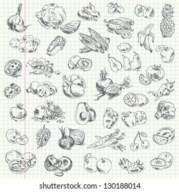 Freehand drawing fruit and vegetables on a sheet of exercise book. Vector illustration. Set