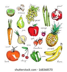 Freehand drawing fruit and vegetables on a white background. Vector illustration.