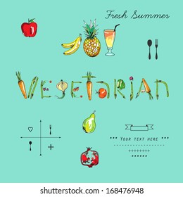 Freehand drawing fruit and vegetables on a  blue background. Vector illustration.