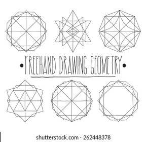 Freehand drawing geometry group. Simple isolated geometric black and white figure with handwork phrase