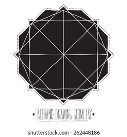 Freehand drawing geometry. Simple isolated geometric black figure with white background and handwork phrase
