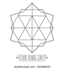 Freehand drawing geometry. Simple isolated geometric figure with white background and handwork phrase