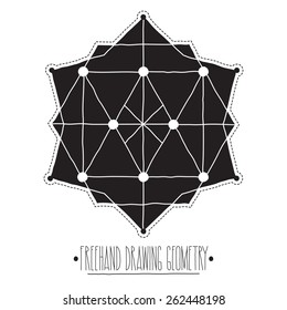 Freehand drawing geometry. Simple isolated geometric black figure with white background and handwork phrase