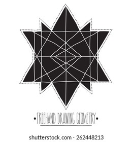 Freehand drawing geometry. Simple isolated geometric black figure with white background and handwork phrase
