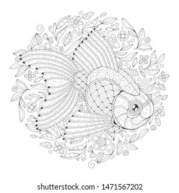 Freehand drawing with a goldfish in the midst of algae. Image for coloring pages. Coloring book.