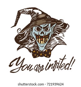 Freehand drawing of Halloween character Vampire in Witch hat