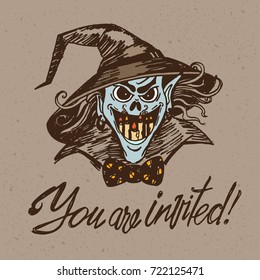 Freehand drawing of Halloween character Vampire in Witch hat. Crafted paper texture background
