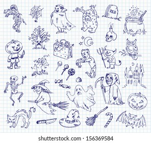 Freehand drawing halloween on a sheet of exercise book. Vector illustration. Set