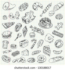 Freehand drawing high-calorie food on a sheet of exercise book. Vector illustration. Set