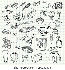 Freehand drawing hygiene   cleaning products sheet exercise book  Vector illustration  Set