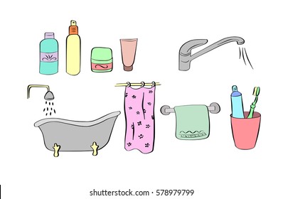 Freehand drawing hygiene and cleaning products. Bath elements. Vector illustration. Set.