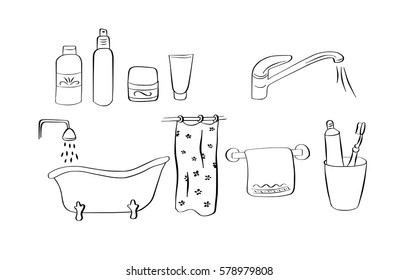 Freehand drawing hygiene and cleaning products. Bath elements. Vector illustration. Set.