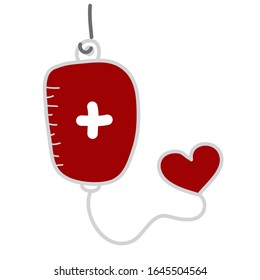 Freehand Zeichnen Bild. Rot gespendete Bluttasche hängt an einem Pol. Blut für Patienten mit Herzerkrankungen auf weißem Hintergrund.