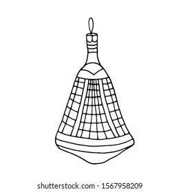 Freehand drawing ink holiday bell for Christmas and New Year decoration. Cute outline of bell isolated on white. Toy for Cristmas tree.