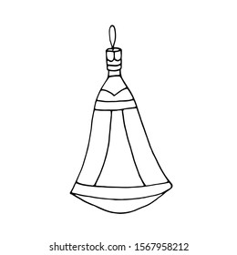 Freehand drawing ink holiday bell for Christmas and New Year decoration. Cute outline of bell isolated on white. Toy for Cristmas tree.