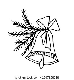 Freehand drawing ink holiday bell and fir branches for Christmas and New Year decoration. Cute outline of bell isolated on white.