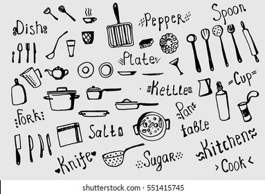 Freehand drawing of kitchen utensils: knife, spoon, fork. pan, pot, cup, cutting board, plate, lid; and words: kitchen, table, salt, sugar, pepper, spoon, fork, dish, kettle, cup, pan.