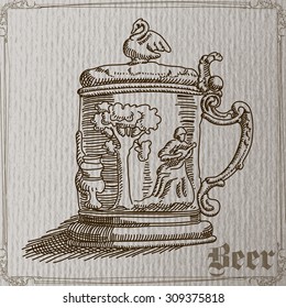 freehand drawing large beer mug in a retro style