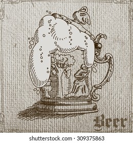freehand drawing large beer mug in a retro style