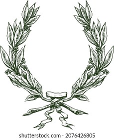 Freehand drawing of laurel branches triumphal wreath with ribbon