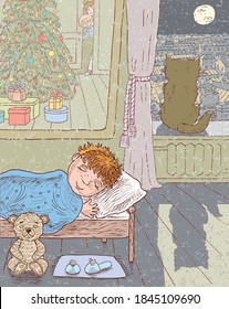 Freehand drawing of little boy sleeping in his room in christmas moonlit night