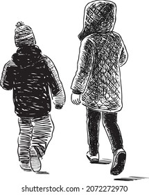 Freehand drawing of little children walking outdoors together