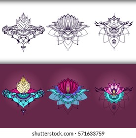 Freehand drawing of lotus flowers in east style. Can be used for backgrounds, business style, tattoo templates, cards design, prints on clothes or else. Vector illustration.