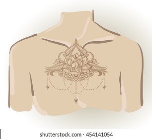 Freehand drawing of lotus tattoo on chest. Can be used for backgrounds, business style, tattoo templates, cards design or else. Vector illustration.