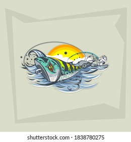 Freehand drawing Lures on the water and a fisherman in a boat.