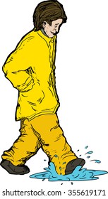 Freehand drawing of man stepping in puddle