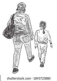 Freehand drawing of a mother with her little daughter walking outdoors