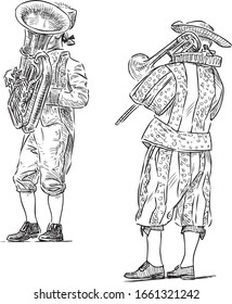 Freehand drawing of musicians in carnival suits playing trumpets
