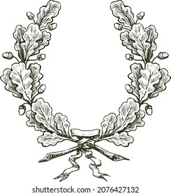 Freehand drawing of oak branches triumphal wreath with ribbon