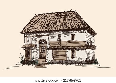 Freehand drawing of an old rustic one-story house with a thatched roof. Pencil sketch on a beige background.