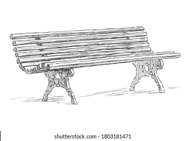 Freehand drawing of old wooden park bench