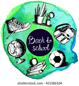 Freehand drawing on elements of the school watercolor background. Back to school . Vector illustration . Set. Elements for design . Sketch .