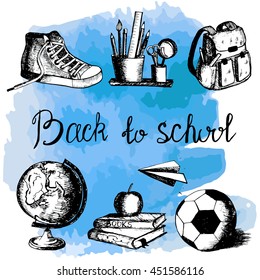 Freehand drawing on elements of the school watercolor background. Back to school . Vector illustration . Set. Elements for design . Sketch .