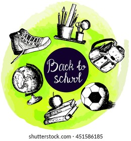 Freehand drawing on elements of the school watercolor background. Back to school . Vector illustration . Set. Elements for design . Sketch .