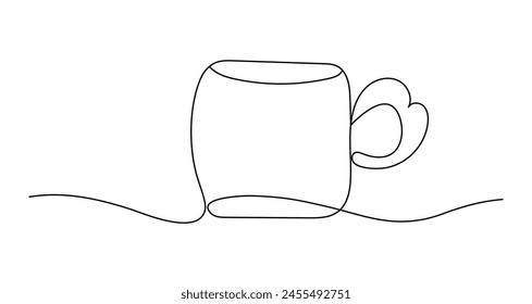 Dibujo a mano alzada con una línea continua de Taza con mango en forma de corazón. La producción de cerámica moderna es ligeramente desigual debido al trabajo manual. Contorno de copa dibujada a mano con trazo editable.