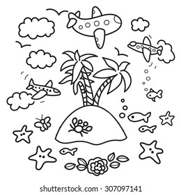 Freehand drawing - paradise island in fish tank, flying airplanes - concept of dream about vacations. Outline drawing good for coloring books