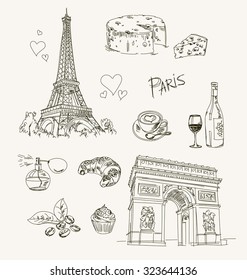 Freehand drawing Paris items on a sheet of exercise book. Eiffel Tower. Arc de Triomphe. Vector illustration. Isolated on white background