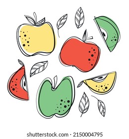 freehand drawing, pattern with apples, colored sweet apples, summer fruits, healthy food and vitamins, apple background, pattern, set of red, green and yellow apples, one line, design for paper 
