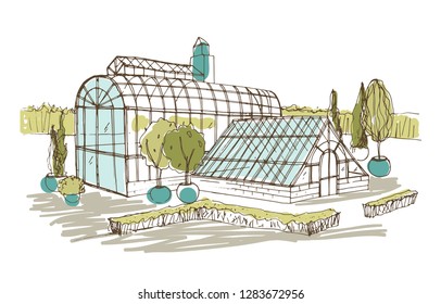 Freehand drawing of pavilion or greenhouse surrounded by bushes and trees growing in pots. Sketch of glass facade of orangery or botanical garden. Hand drawn vector illustration in vintage style.