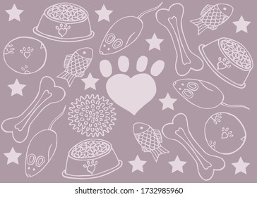 Dibujo a mano libre de los artículos de mascota. Fondo de color rosa de los elementos para mascotas.
