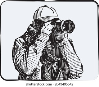 Freehand drawing of photographer shooting on camera