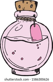 freehand drawing pink bottle with potion. Vector background