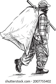 Freehand drawing of poor homless bearded man with big bag walking along street