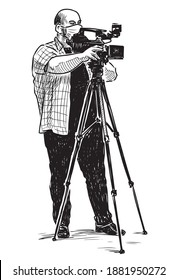 Freehand drawing of professional photographer in mask taking picture